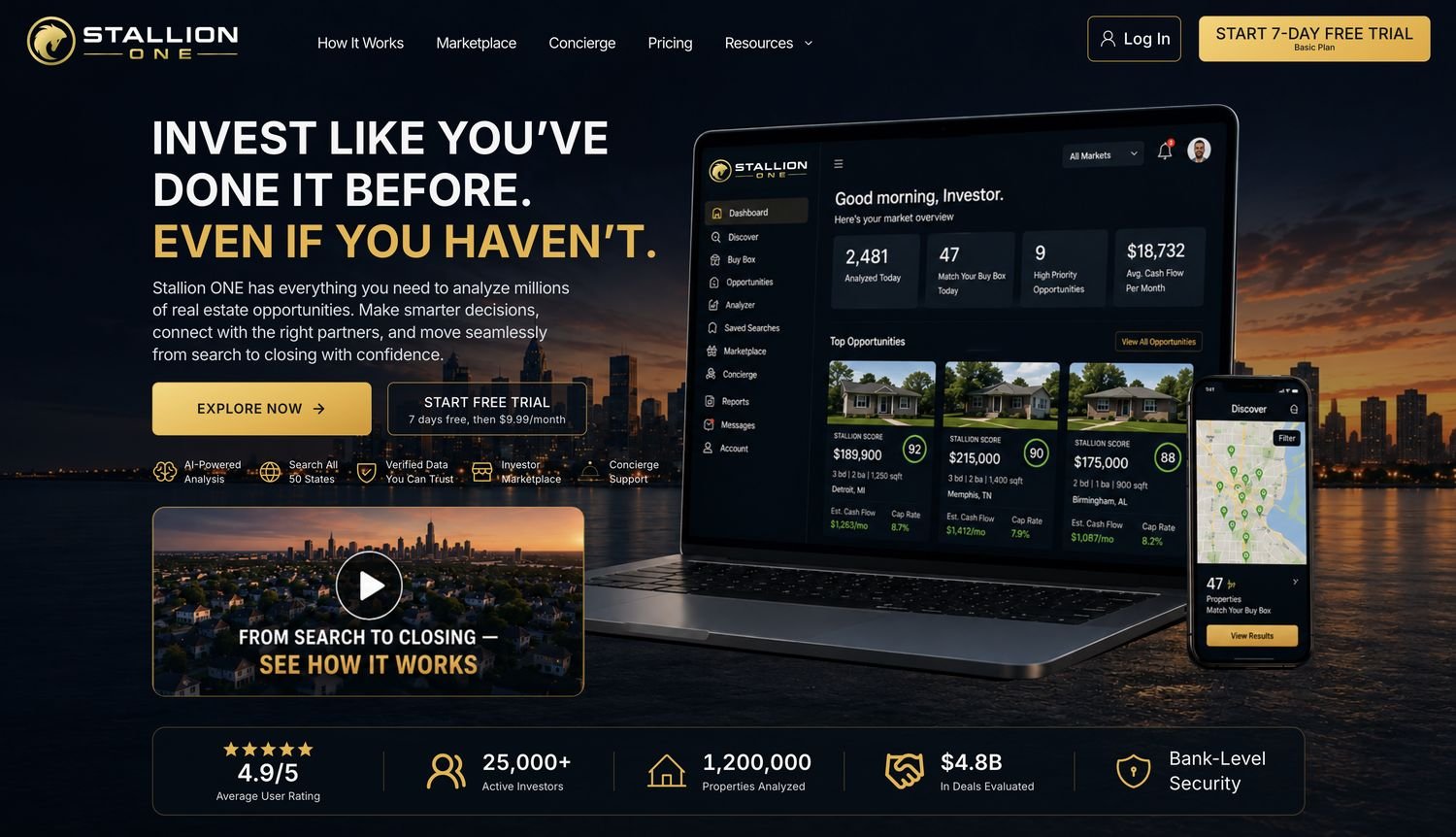The Stallion ONE platform interface showing opportunity discovery, underwriting and portfolio views.